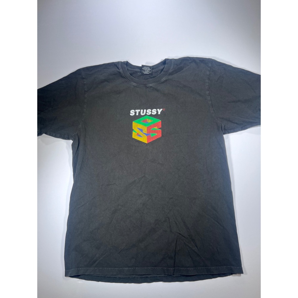 Stussy T-Shirt Mens Medium Black 3D SS Cube Graphic Short Sleeve Streetwear Tee
